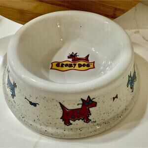 Ceramic White And Black Speckled Dog Puppy Bowl 6.5” Crazy Dog